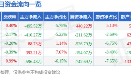 股票行情快报:日上集团(002593)8月15日主力资金净卖出495.52万元