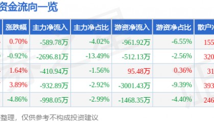 股票行情快报：步步高（002251）3月27日主力资金净卖出589.78万元