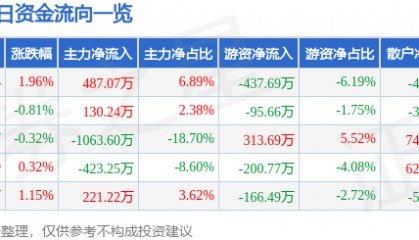 股票行情快报：广百股份（002187）5月8日主力资金净买入487.07万元