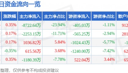 股票行情快报：南方航空（600029）8月13日主力资金净卖出8722.64万元