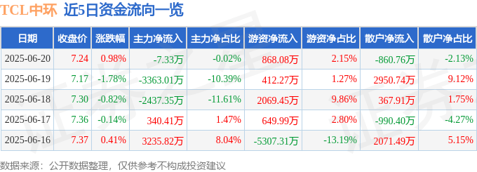 股票行情快报：TCL中环（002129）6月20日主力资金净卖出7.33万元